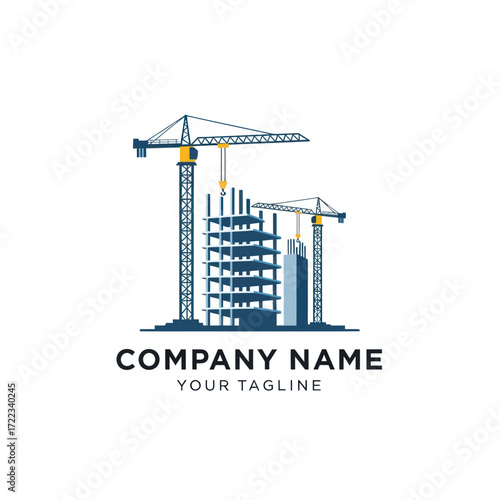 Modern flat design vector illustration of a construction site with tower cranes and a multi-story building under construction, suitable for a company logo or branding in architecture, real estate,