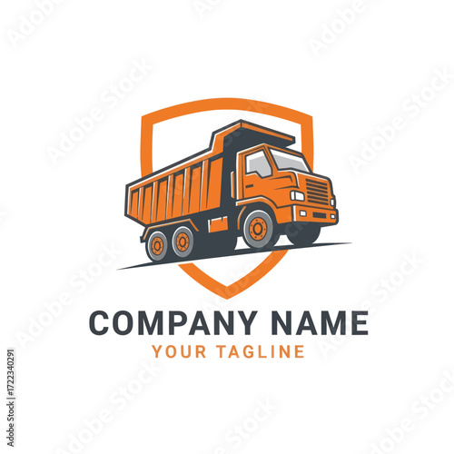 and Grey Dump Truck Logo with Shield Emblem and Tagline on White Background, Flat Vector Elements, Vector Illustration, Simple Vector, Stylized Vector Drawing, Vector Template, Clean Vector Style,