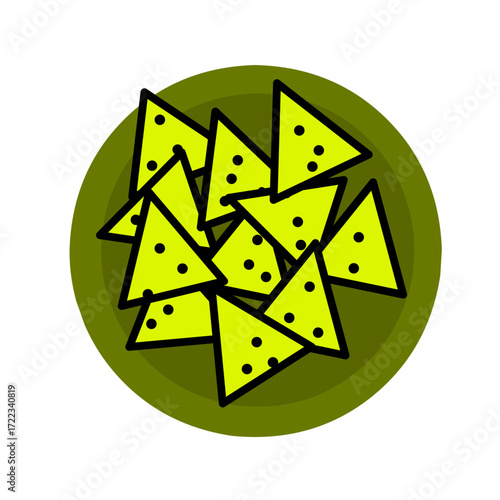 Flat vector illustration of nachos with cheese, isolated on white background, perfect for food design, snack graphics, Mexican cuisine themes, and restaurant concepts.