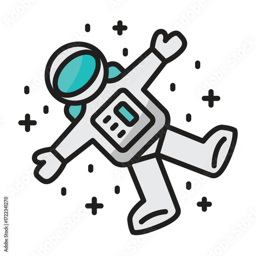 Cartoon astronaut in a white suit floating in space