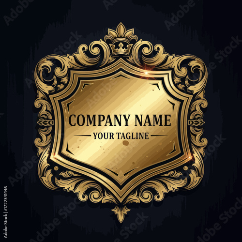 Luxurious Golden Ornate Shield Emblem with Baroque Scrollwork and Placeholder Text on a Textured Dark Surface, Classic and Elegant Design, Flat Vector Elements, Vector Illustration, Simple Vector,