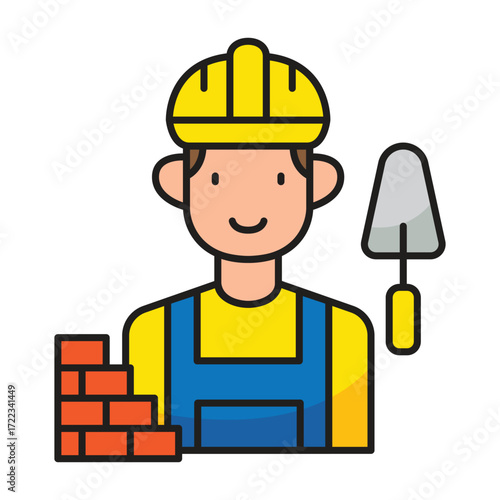 Cartoon construction worker with bricks and trowel