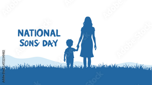 National Sons Day Parent with Two Children Silhouette Minimalist Landscape Vector