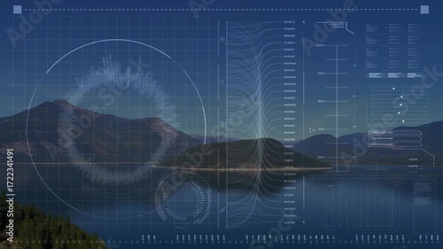 HUD overlay appearing over lake, waveform sweeping bars pulsing while gauge rotating for live data