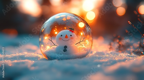 Charming Snowman with Red Hat and Scarf Next to a Snow - Globe on a Sparkling Snowy Surface with Bokeh Lights in Background