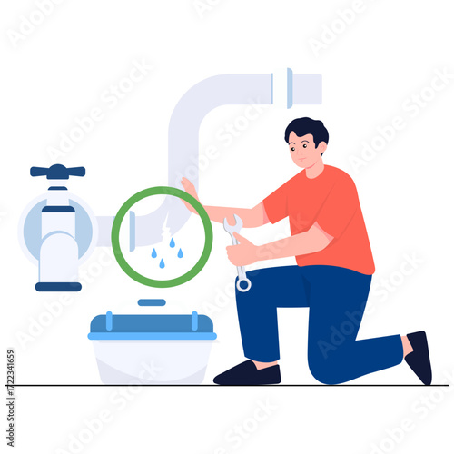 A plumber kneels to fix a leaking pipe with a wrench