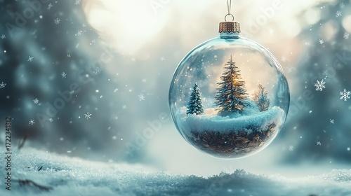 Hanging Christmas Ornament with Snow - covered Pine Trees and Snowflakes Background