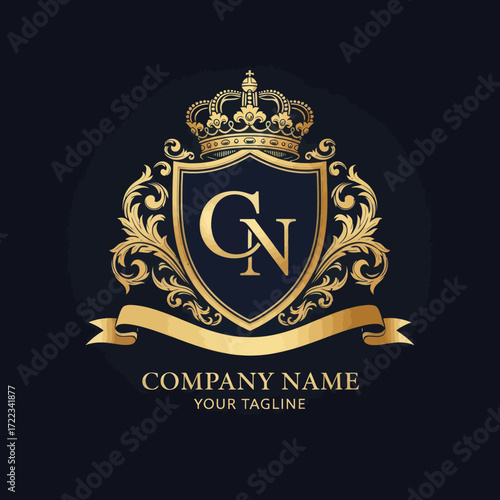 Luxury Golden Crest Logo Design with Royal Crown, Intertwined 'CN' Initials, Ornate Filigree, and Ribbon Banner - Elegant Template for Premium Company Branding & Identity, Flat Vector Elements,