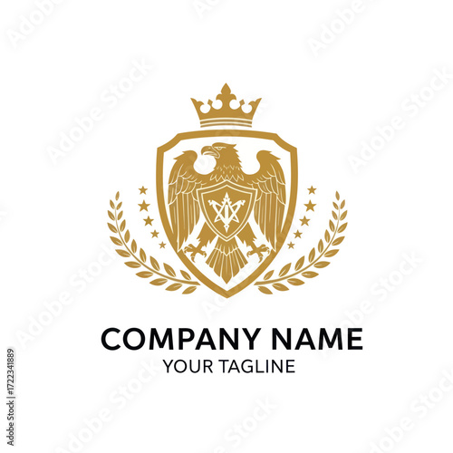 Golden Eagle Crest Logo with Crown, Laurel Wreath, Stars, and Company Branding on White Background, Flat Vector Elements, Vector Illustration, Simple Vector, Stylized Vector Drawing, Vector Template,