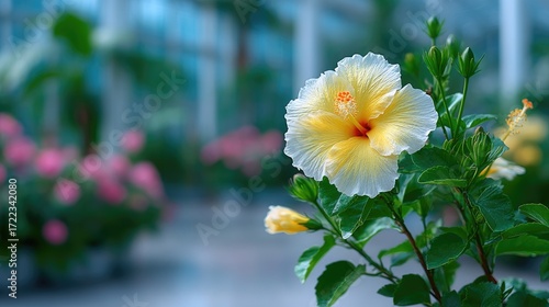 Macro Shot of Yellow Hibiscus Flower with Water Droplets in a Greenhouse with Pink Flowers and Glass Walls in Soft Lighting