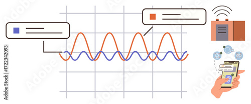 Graph lines with data annotations, wireless connectivity, and smartphone with notifications. Ideal for science, communication, technology, IoT, networking data visualization innovation. Simple flat