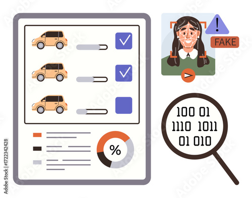 Cars with checkboxes on a document, binary code under magnifying glass, AI-detected fake profile. Ideal for technology, AI, fraud detection, cybersecurity, data analysis, decision-making validation