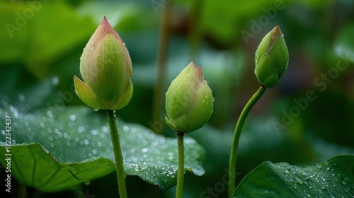 Three lotus buds in focus, one pointing upward and two bending gracefully downward, green leaves shimmering with dewdrops, serene lotus pond scenery, high-resolution photography