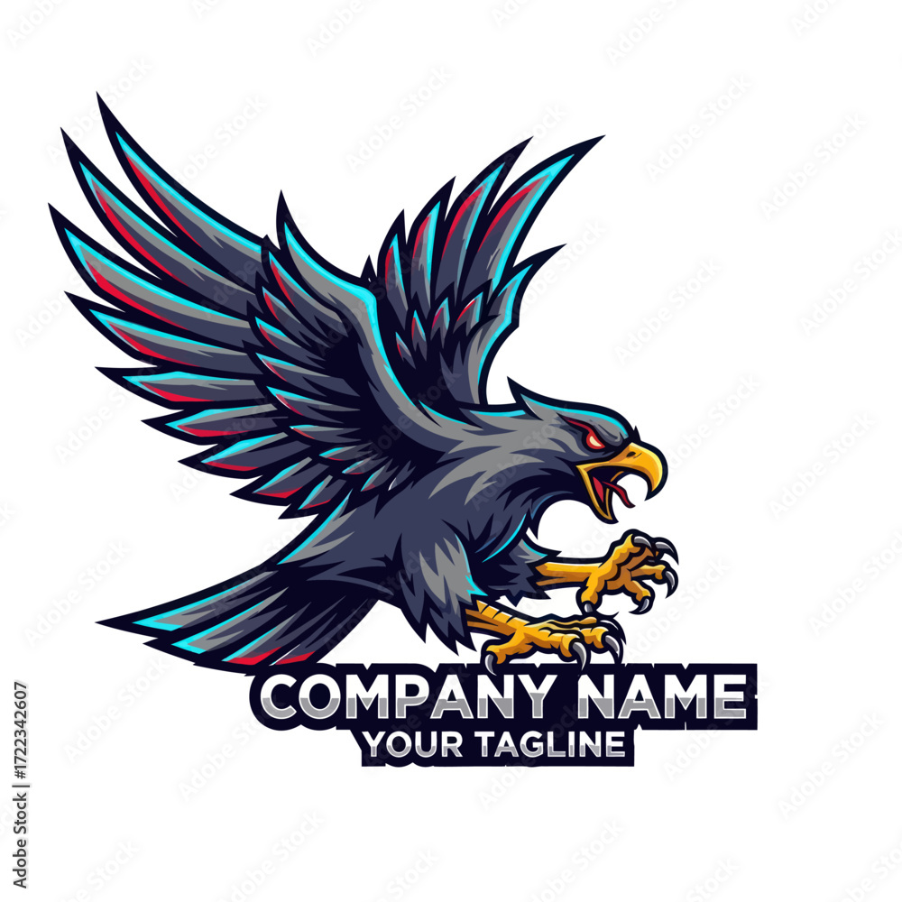 Obraz premium Dynamic Eagle Mascot Logo with Spread Wings and Vibrant Accents on Isolated White Background for Esports, Gaming, and Branding, Flat Vector Elements, Vector Illustration, Simple Vector, Stylized