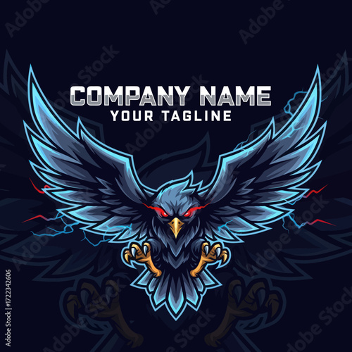 Fierce Esport Eagle Mascot Logo with Red Eyes, Lightning Effects, and Dynamic Wings Spread, Ideal for Gaming, Branding, and Team Identity, Flat Vector Elements, Vector Illustration, Simple Vector,