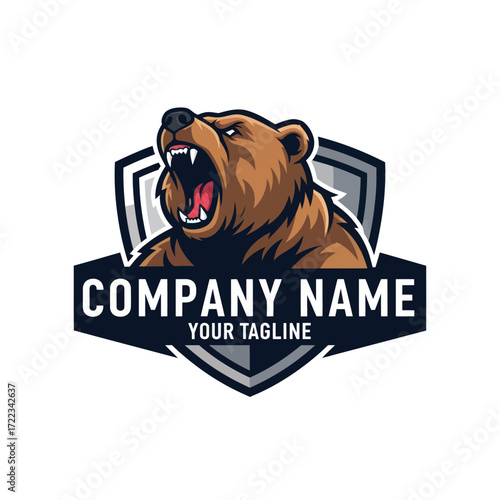 Roaring Brown Bear Mascot Logo with Shield Emblem for Company Branding and Esports Teams on White Background, Flat Vector Elements, Vector Illustration, Simple Vector, Stylized Vector Drawing, Vector