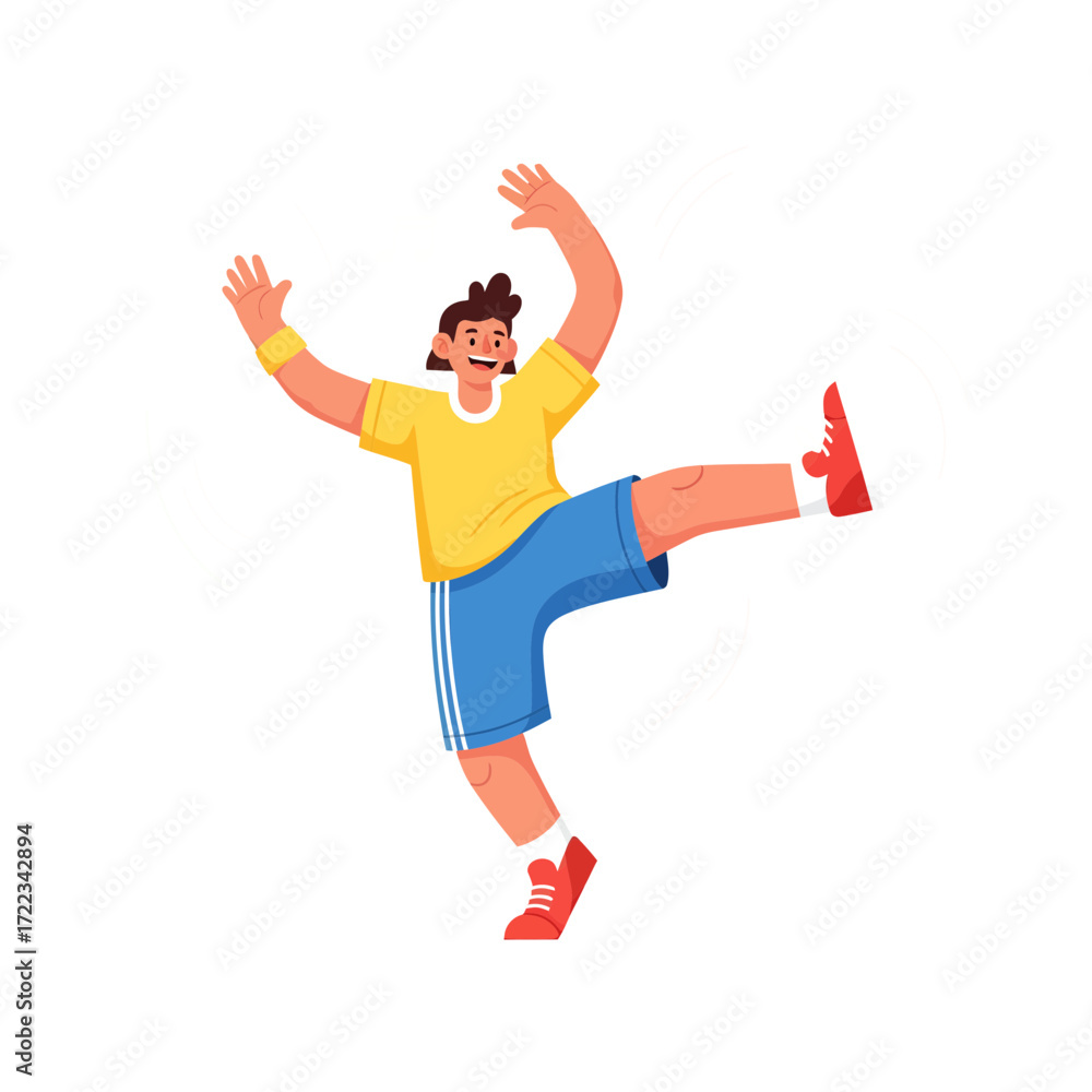 Fototapeta premium Energetic cartoon character playfully posing in a dynamic sports-inspired dance move against white