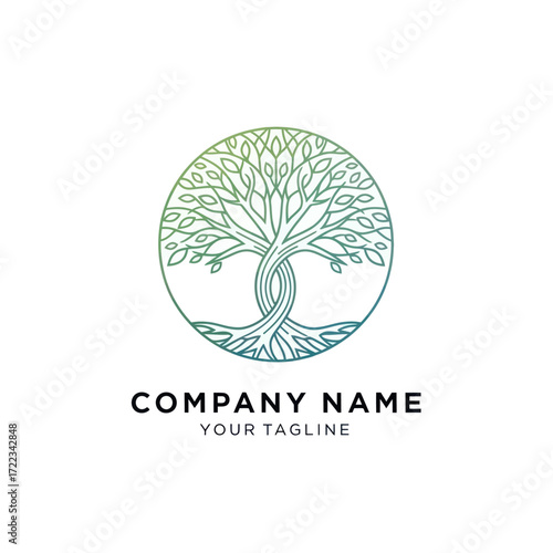 Stylized Tree of Life Logo with Green Blue Gradient, Company Name, and Tagline on White Background, Flat Vector Elements, Vector Illustration, Simple Vector, Stylized Vector Drawing, Vector Template,