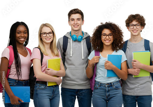 Diverse group of smiling students with backpacks and books, ready for school or university education