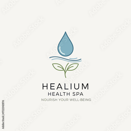 Healium Health Spa Logo: Minimalist Water Drop and Plant Symbolizing Wellness, Nature, and Hydration on a Light Background, Flat Vector Elements, Vector Illustration, Simple Vector, Stylized Vector