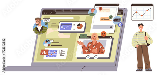 Laptop screen featuring video calls, charts, and messages for collaboration and analytics. Ideal for teamwork, remote communication, technology, business growth, digital connections, education