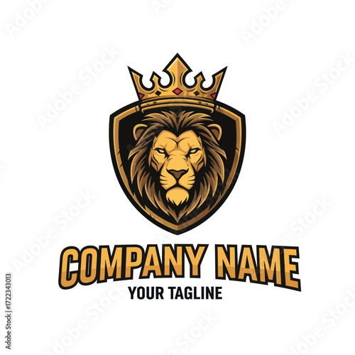 Powerful Golden Lion Head Logo with Royal Crown and Shield, featuring 'Company' and 'Your Tagline' text for strong brand identity on an isolated white background., Flat Vector Elements, Vector
