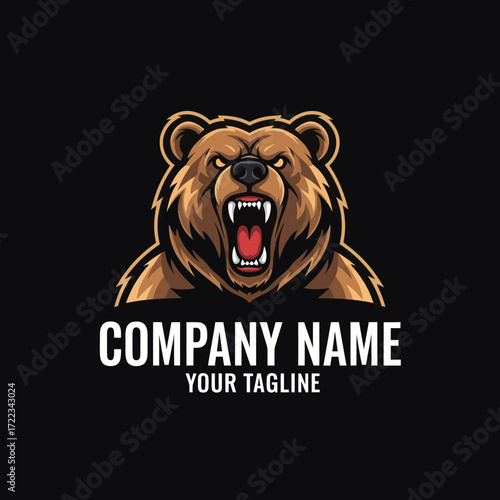 Fierce Roaring Grizzly Bear Mascot Logo Design with Company Text for Sports and Gaming Branding, Flat Vector Elements, Vector Illustration, Simple Vector, Stylized Vector Drawing, Vector Template,