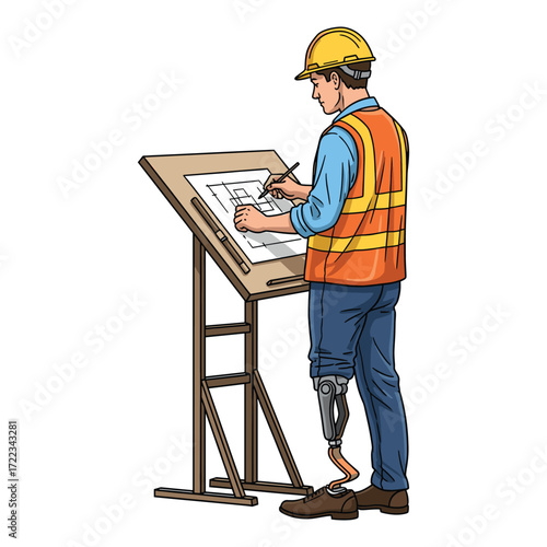 Vector Illustration of Construction Worker with Prosthetic Leg Drafting Blueprint in Modern Style with Bright Orange Safety Vest and Yellow Helmet