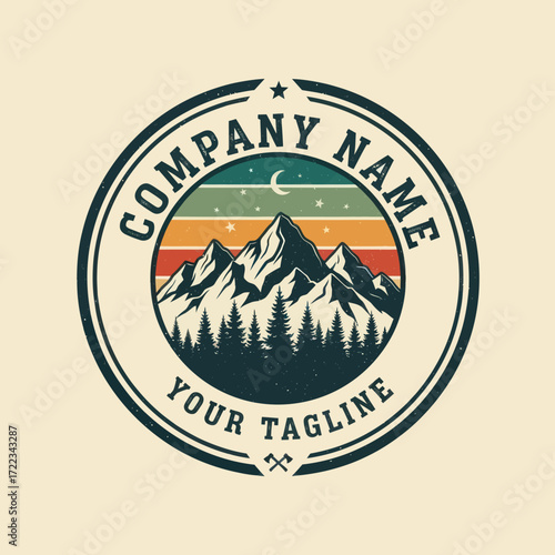Outdoor Adventure Mountain and Pine Forest Badge Logo Design with Distressed Texture, Starry Night Sky, Crescent Moon, and Axes on a Light Background, Flat Vector Elements, Vector Illustration,