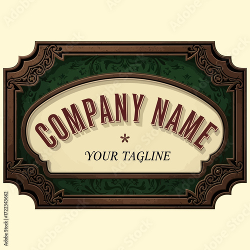Detailed Sign Corner with Ornate Decorative Frame, 'COMPANY' Text, and a Subtle Damask Pattern Background, illustrating Classic Design, Flat Vector Elements, Vector Illustration, Simple Vector,