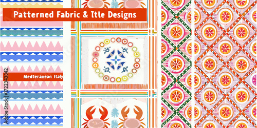 Collection of mediterranean inspired fabric patterns and tile designs featuring citrus fruits and marine life