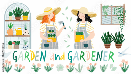Two women gardeners tending to plants in a greenhouse with blooming flowers and birds