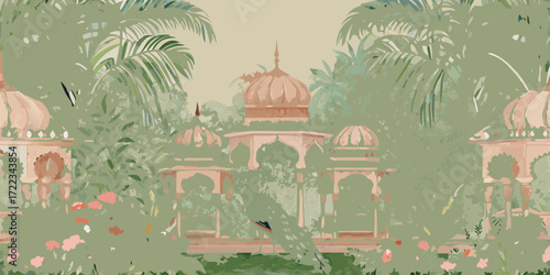 Tranquil indian garden with mughal architecture and lush tropical foliage