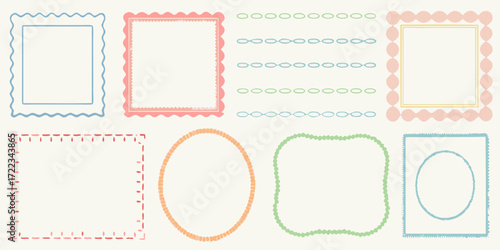 Collection of hand drawn decorative borders and frames in pastel colors on a cream background