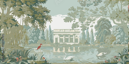 Tranquil pastoral landscape with a classical building reflected in a serene lake and graceful swans swimming