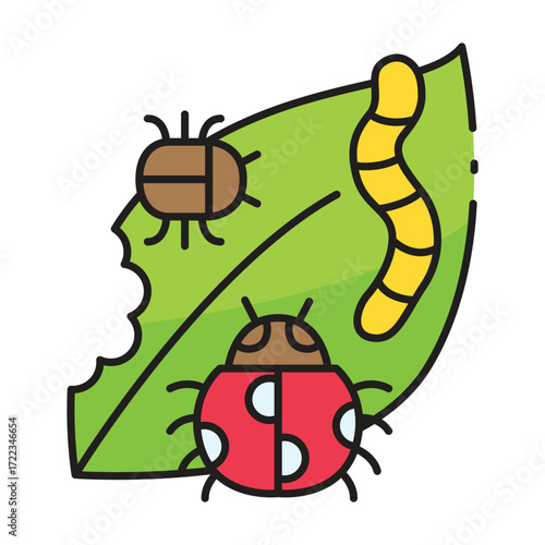 Cartoon illustration of bugs and a worm on a green leaf