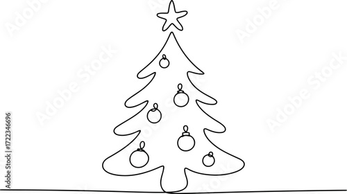 A Christmas tree, adorned with baubles and topped with a star, is elegantly drawn in a continuous line style.