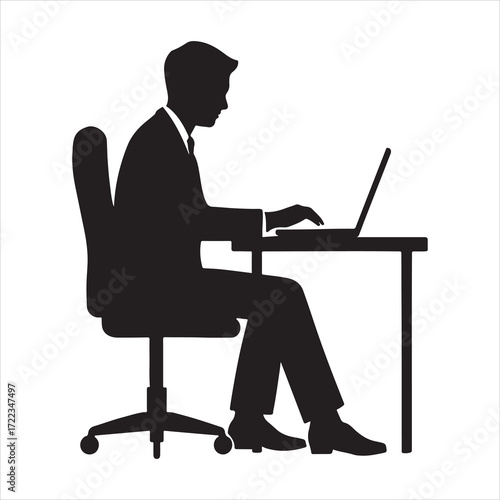 Business professional silhouette working on laptop at desk in office environment depicting modern work lifestyle and technology utilization for success and productivity in corporate settings