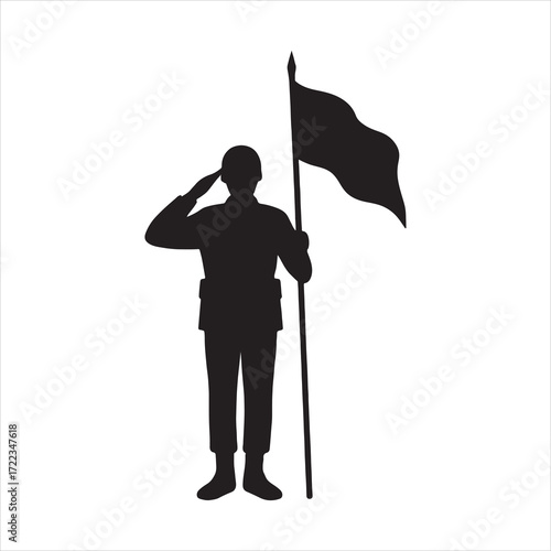 Silhouette of a Soldier Saluting and Holding a Flag Represents Military Honor and Patriotic Symbolism for National Observances