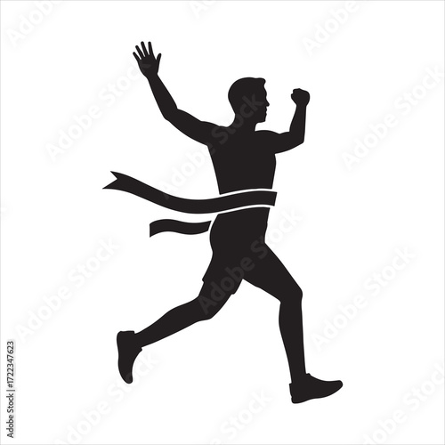 Silhouette of a runner crossing the finish line with a ribbon illustration symbolizing success achievement and athletic competition vector graphic for sports and fitness content