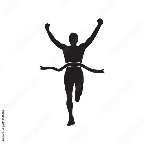 Silhouette of a triumphant runner crossing the finish line with raised arms in celebration illustrating success and athletic achievement in a minimalist design on a clean white background
