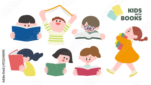 本を読む子どもたちのイラストセット　手書き感あるシンプルでかわいいイラスト