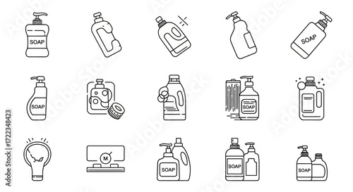 Simple line art icons depicting various ice cream cones, scoops, and desserts, including one location pin.