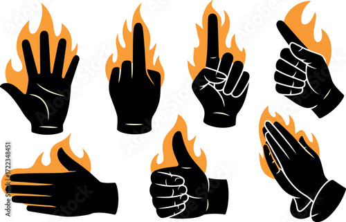 This set of eight hands is stylized with vibrant flames, conveying a sense of intense passion or power.