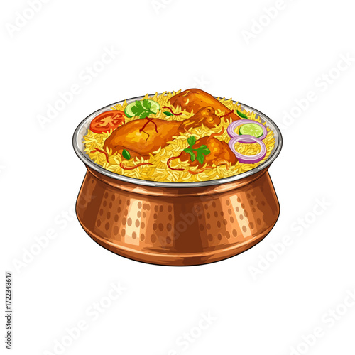 Realistic Vector Illustration of Traditional Biryani Served in a Bowl with Garnish

