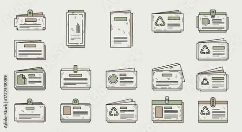 A collection of illustrated identification cards, security passes, and name badges with a muted, vintage design style.