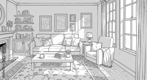 Cozy Living Room Illustration: A serene illustration showcases a meticulously detailed living room, designed with an emphasis on comfort, light, and harmony. A haven of elegance.