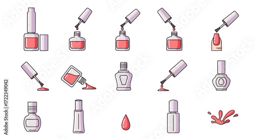 A collection of illustrations showing nail polish bottles in various states, from upright to spilled, with and without applicators.