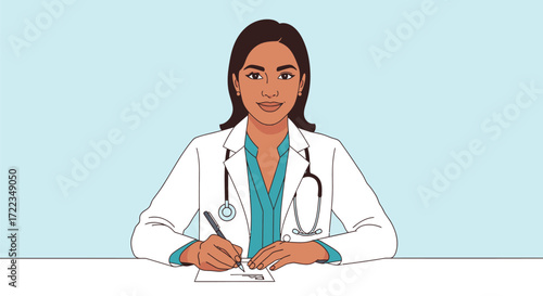 The doctor's attentive presence : A doctor, donned in a pristine white coat, embodies unwavering dedication and compassion as she sits behind a desk, taking notes with precision.
