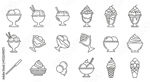 A collection of line art illustrations depicting various ice cream desserts in bowls and cones, presented in a neat, organized arrangement.